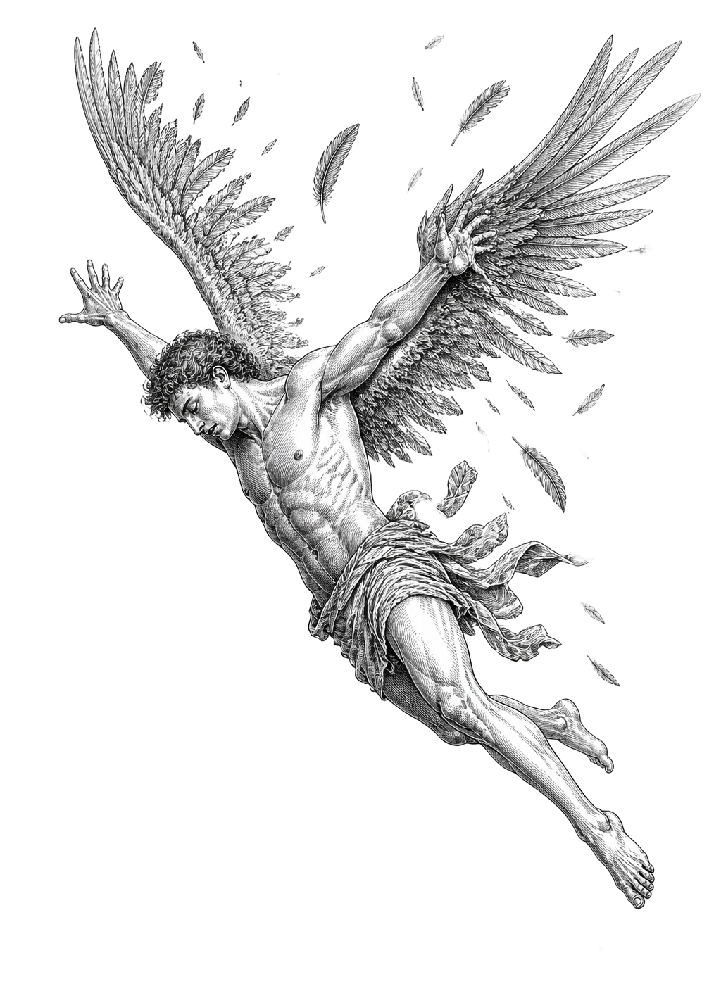 Line engraving of Icarus falling, wings shedding feathers